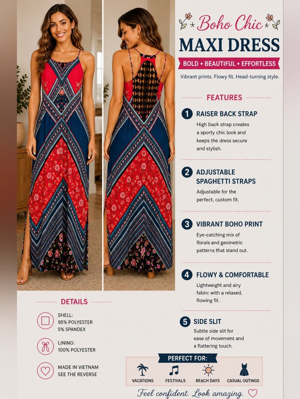 Boho Chic Maxi Dress – Red & Navy Floral Print